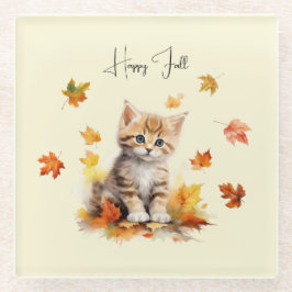 Niedlich Orange Tabby Kitten in Herbstlauben Glasuntersetzer