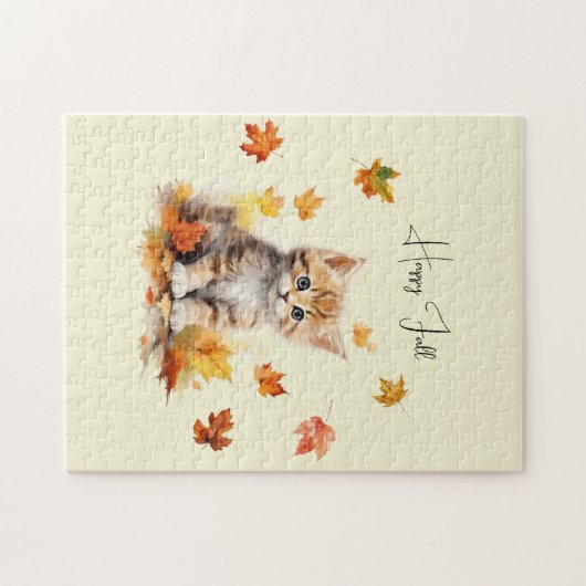 Niedlich Orange Tabby Kitten in Herbstlauben Puzzle (Horizontal)