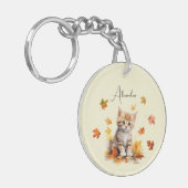 Niedlich Orange Tabby Kitten in Herbstlauben Schlüsselanhänger (Vorderseite links)