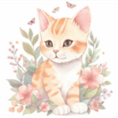 Niedlich Orange Tabby Kitten mit Frühlingsblumen Aufkleber (Vorderseite)