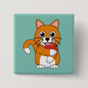 Niedlich Orange White Cat Eating Red Apple Cartoon Button