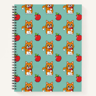 Niedlich Orange White Cat Eating Red Apple Cartoon Notizblock