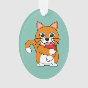 Niedlich Orange White Cat Eating Red Apple Cartoon Ornament
