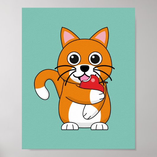 Niedlich Orange White Cat Eating Red Apple Cartoon Poster (Vorne)