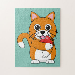 Niedlich Orange White Cat Eating Red Apple Cartoon Puzzle