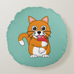 Niedlich Orange White Cat Eating Red Apple Cartoon Rundes Kissen