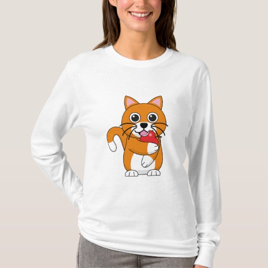 Niedlich Orange White Cat Eating Red Apple Cartoon T-Shirt (Vorderseite)