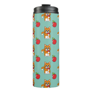 Niedlich Orange White Cat Eating Red Apple Cartoon Thermosbecher