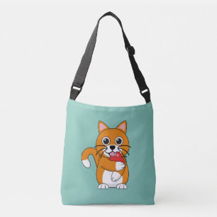 Niedlich Orange White Cat Eating Red Apple Cartoon Tragetaschen Mit Langen Trägern