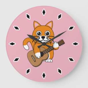 Niedlich Orange White Cat Gitarre spielen Cartoon Große Wanduhr