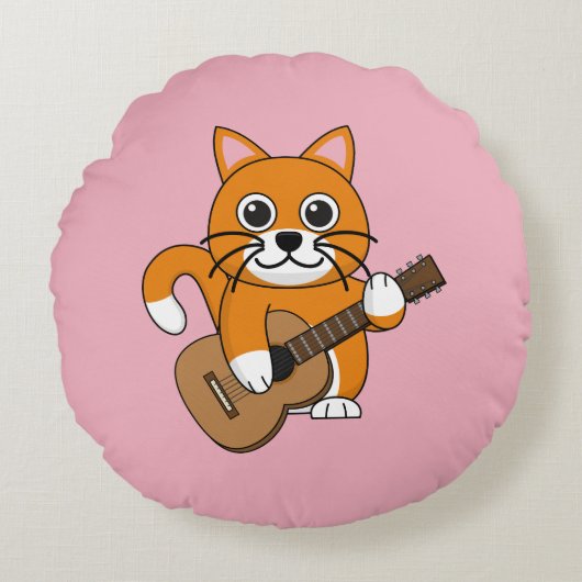 Niedlich Orange White Cat Gitarre spielen Cartoon Rundes Kissen (Vorderseite)