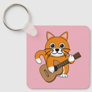 Niedlich Orange White Cat Gitarre spielen Cartoon Schlüsselanhänger
