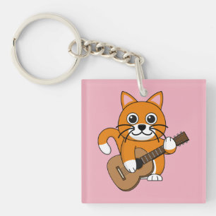 Niedlich Orange White Cat Gitarre spielen Cartoon Schlüsselanhänger
