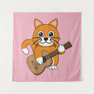 Niedlich Orange White Cat Gitarre spielen Cartoon Wandteppich