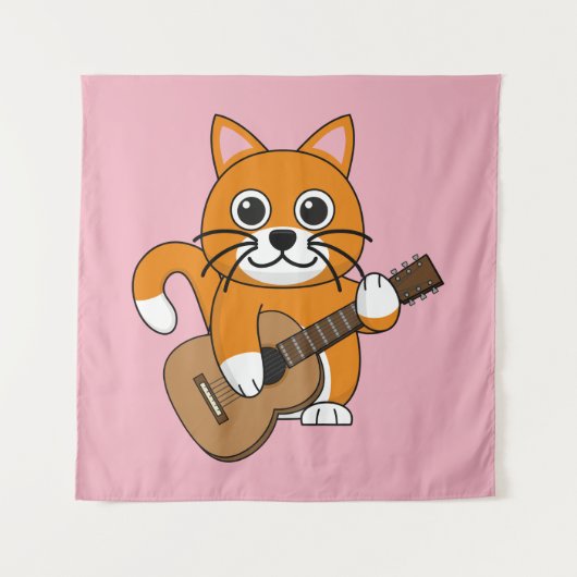 Niedlich Orange White Cat Gitarre spielen Cartoon Wandteppich (Vorderseite)