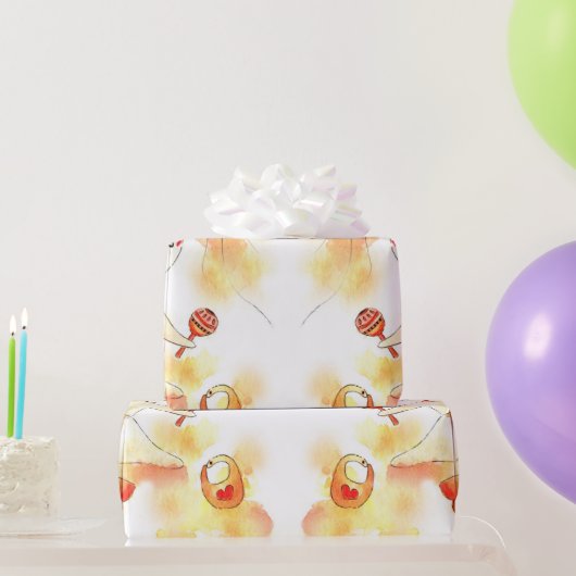 Niedlich Orange Yellow Watercolor Kinderbär & Ball Geschenkpapier (Partygeschenke)