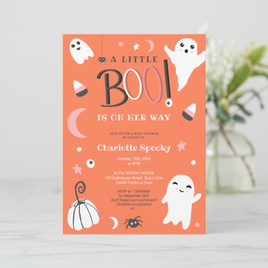 Niedlich orangefarbene Halloween-Babydusche Einladung (Stehend Vorderseite)