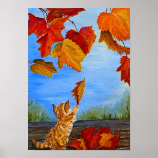Niedlich orangefarbene Katze, die mit Herbstblätte Poster (Vorne)
