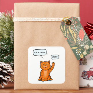 Niedlich orangefarbene Katze sagt "Meow". Tiger 20 Quadratischer Aufkleber