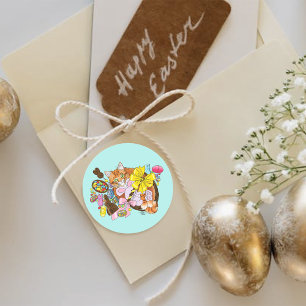 Niedlich Orangefarbene Osterkatze Runder Aufkleber