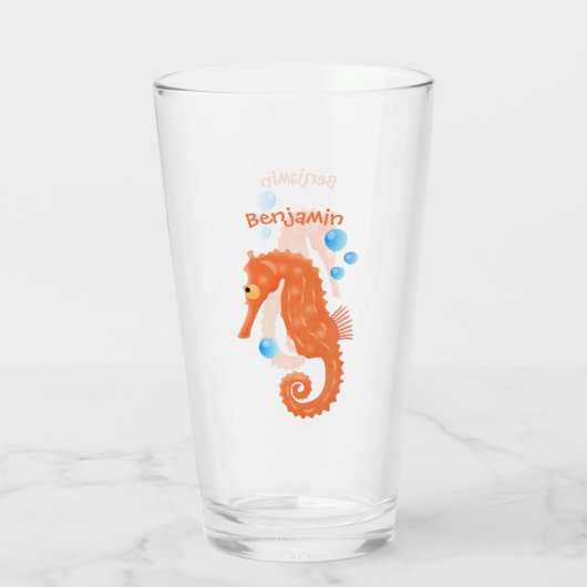 Niedlich orangefarbene Seepferd-Blasen Cartoon-Abb Glas (Rückseite)