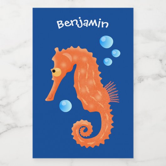 Niedlich orangefarbene Seepferd-Blasen Cartoon-Abb Lebensmitteletikett (Einzelnes Label)