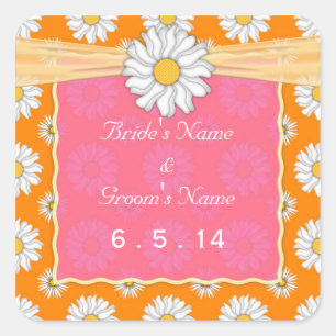 Niedlich orangefarbene und weiße Daisy-Hochzeitskl Quadratischer Aufkleber