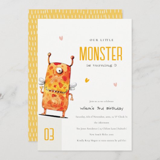 Niedlich orangefarbenes Ein Mit Augen Monster Kind Einladung (Vorne/Hinten)