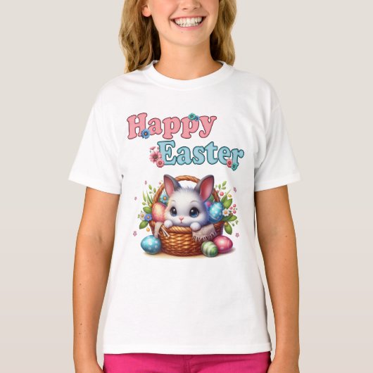 Niedlich Osterhase im Korb mit Eiern und Blume T-Shirt (Vorderseite)