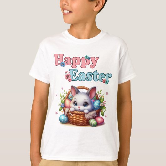 Niedlich Osterhase im Korb mit Eiern und Blume T-Shirt (Vorderseite)