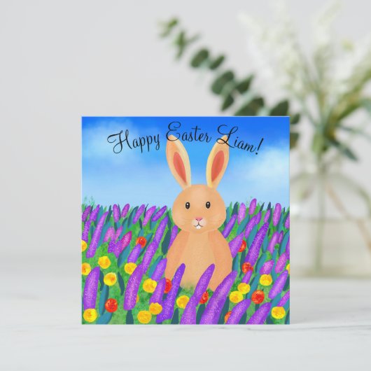Niedlich Osterhase in den Blume Karte (Stehend Vorderseite)