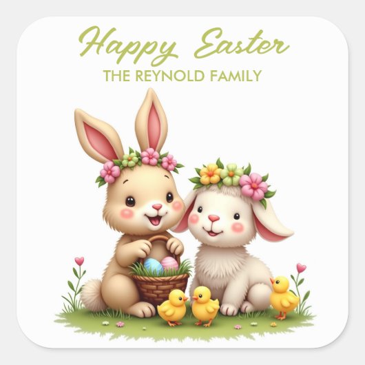 Niedlich Osterhase & Lamm | Chicks & Frühlingsblum Quadratischer Aufkleber (Vorderseite)