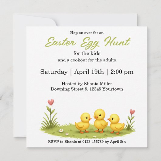 Niedlich Osterhase, Lamm & Chicks Ostereierjagd Einladung (Rückseite)