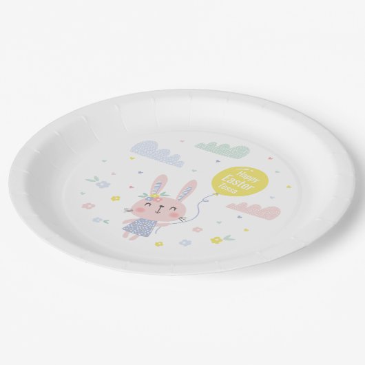 Niedlich Osterhase mit Blume, Wolken und Ballon Pappteller (Schrägansicht)