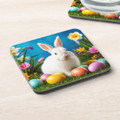 Niedlich Osterhase mit bunten Eiern Getränkeuntersetzer (Linke Seite)
