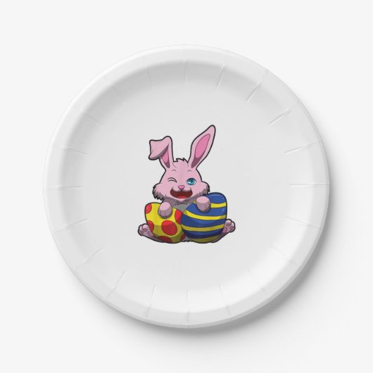 Niedlich Osterhase mit farbigen Eiern - Happy Oste Pappteller (Vorderseite)