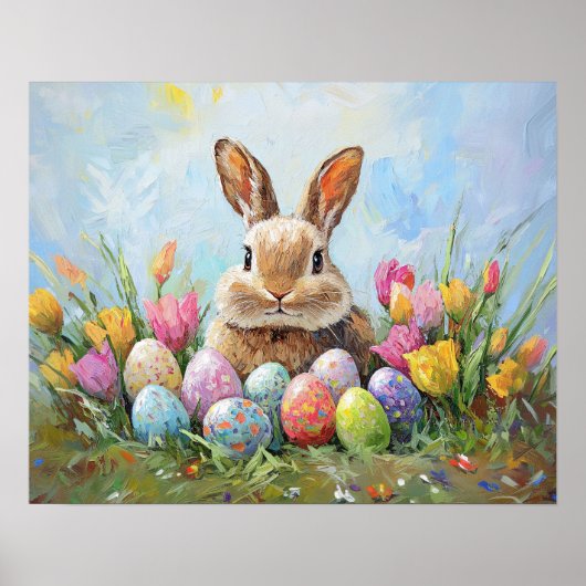 Niedlich Osterhase mit farbigen Eiern Poster (Vorne)