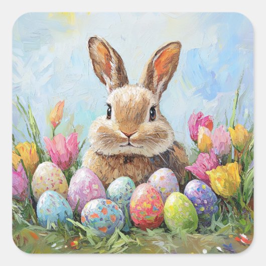 Niedlich Osterhase mit farbigen Eiern Quadratischer Aufkleber (Vorderseite)