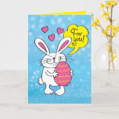 Niedlich Osterhase mit großem Ostereier Cartoon Karte (Gelbe Blume)