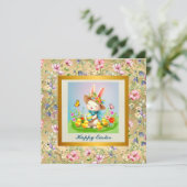 Niedlich Osterhase und glückliche Frühlingsblumen Einladung (Stehend Vorderseite)