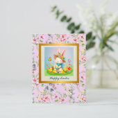 Niedlich Osterhase und glückliche Frühlingsblumen Feiertagskarte (Stehend Vorderseite)