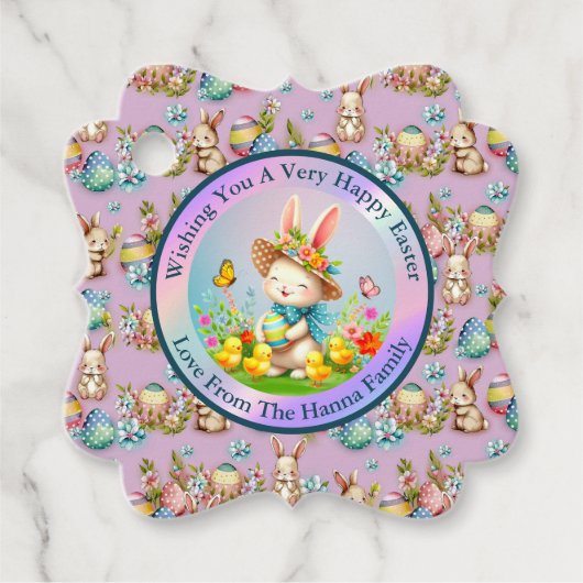 Niedlich Osterhase und glückliche Frühlingsblumen Geschenkanhänger (Vorderseite)