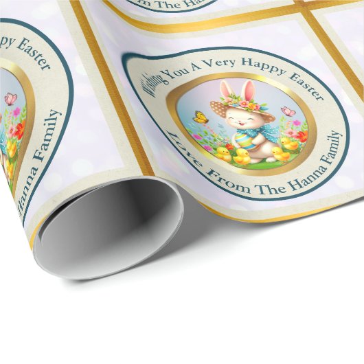Niedlich Osterhase und glückliche Frühlingsblumen Geschenkpapier (Rolleneckpunkt)