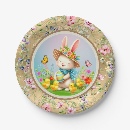 Niedlich Osterhase und glückliche Frühlingsblumen  Pappteller (Vorderseite)
