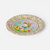 Niedlich Osterhase und glückliche Frühlingsblumen Pappteller (Schrägansicht)