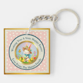 Niedlich Osterhase und glückliche Frühlingsblumen Schlüsselanhänger (Rückseite)