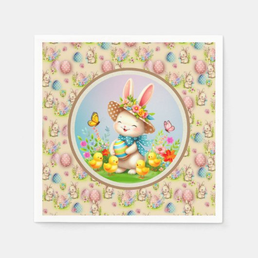 Niedlich Osterhase und glückliche Frühlingsblumen  Serviette (Vorderseite)