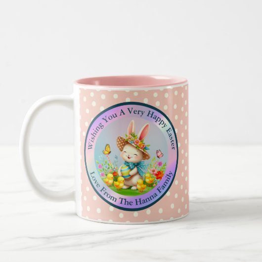 Niedlich Osterhase und glückliche Frühlingsblumen Zweifarbige Tasse (Links)