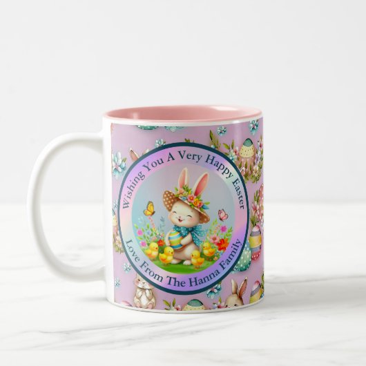 Niedlich Osterhase und glückliche Frühlingsblumen Zweifarbige Tasse (Links)