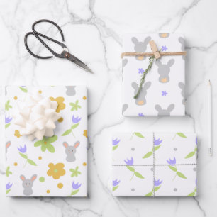 Niedlich Osterhasen und violette Blumen Geschenk Geschenkpapier Set